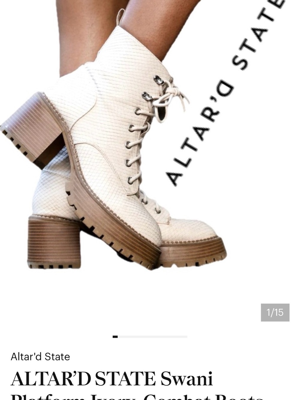 Altar'd State Ivory Lace-Up Swani Platform Combat Boots w Chunky Tan Sole Sz 8M